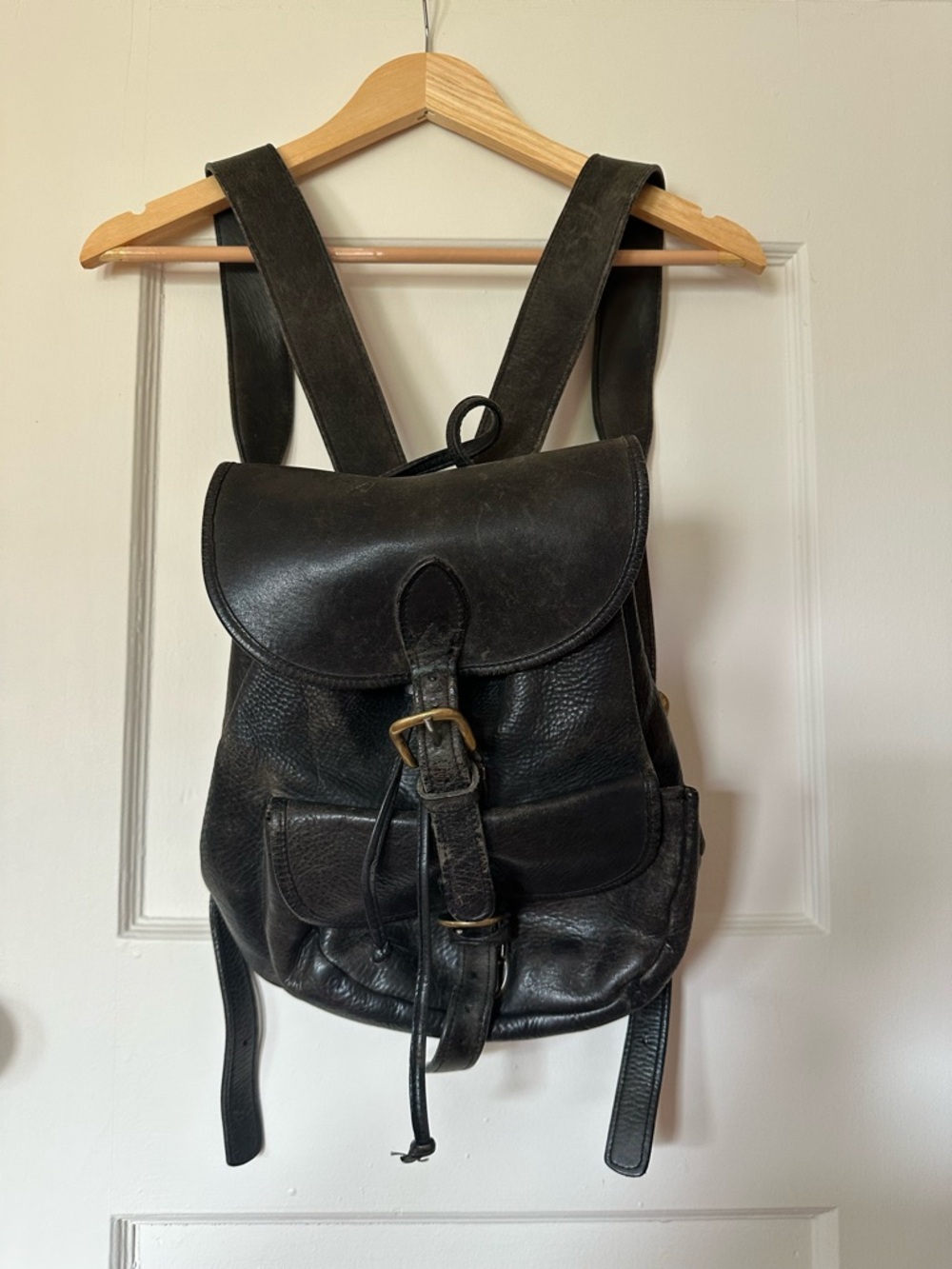 Vintage Black Leather Backpack with Brass Details